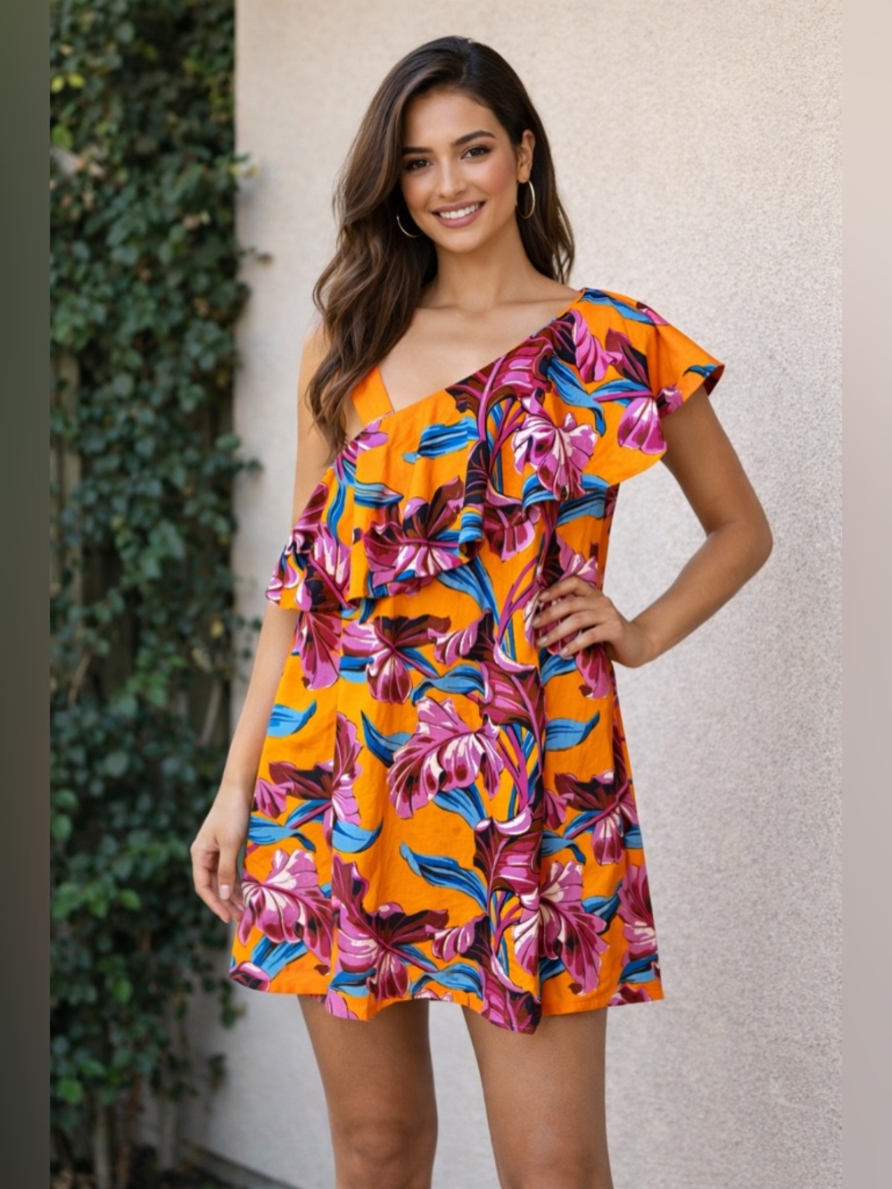 ASOS DESIGN One Shoulder Ruffle Mini Dress Orange Floral Print Sz 4